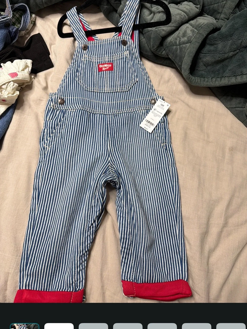 OshKosh B'gosh Blue and White Pinstripe Overalls with Red Cuff Detail